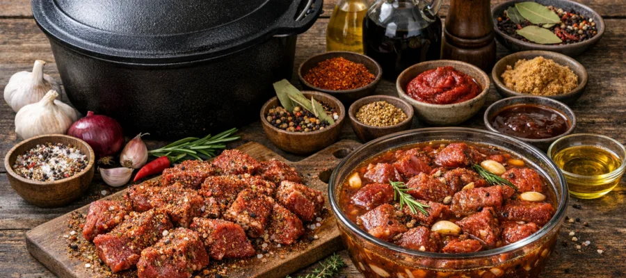 Dutch Oven Fleisch vorbereiten: Marinieren und Wuerzen fuer intensiven Geschmack