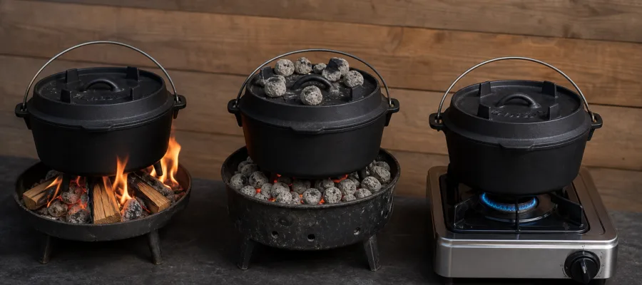 Dutch Oven Feuerarten: Holzfeuer, Kohle und Gas optimal nutzen fuer beste Ergebnisse